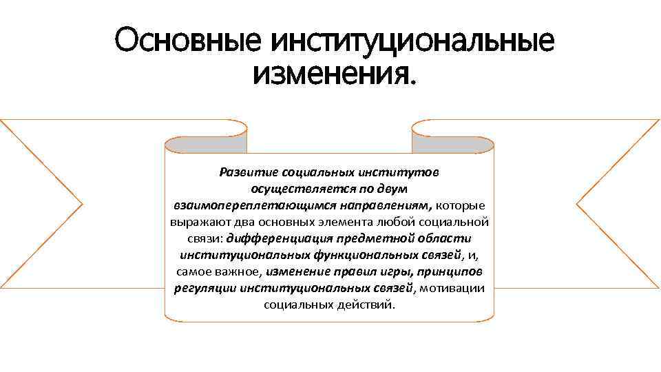 Основные институциональные изменения. Развитие социальных институтов осуществляется по двум взаимопереплетающимся направлениям, которые выражают два