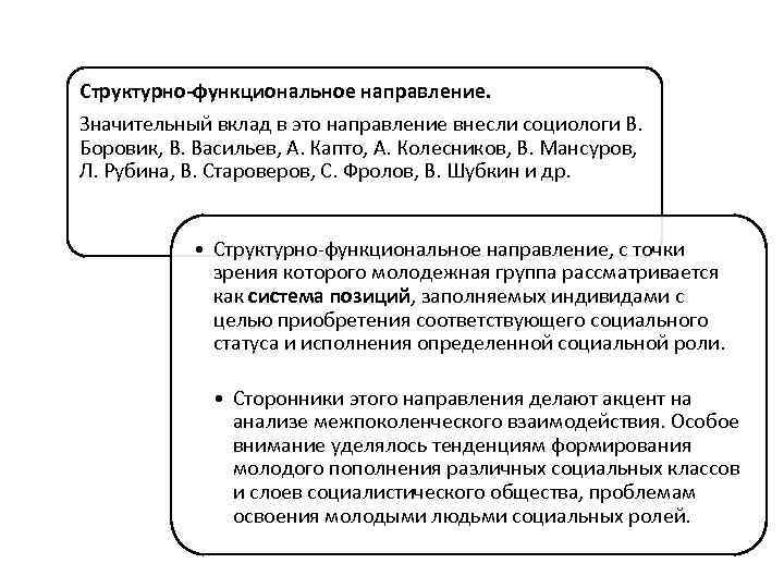 Структурно-функциональное направление. Значительный вклад в это направление внесли социологи В. Боровик, В. Васильев, А.