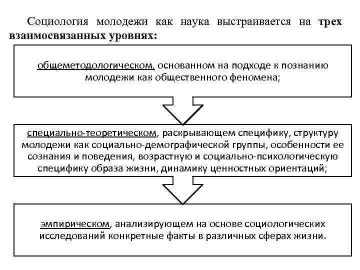 Социология молодежи как наука выстраивается на трех взаимосвязанных уровнях: общеметодологическом, основанном на подходе к