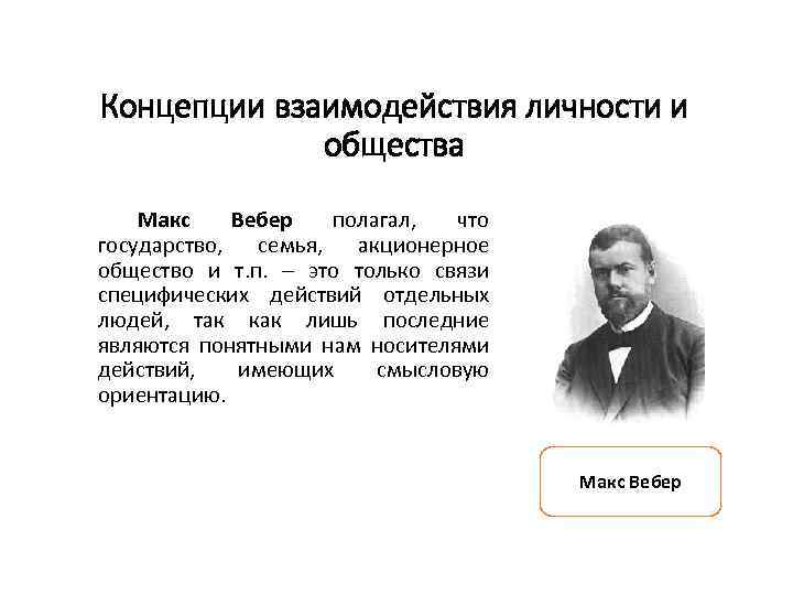 Концепции взаимодействия личности и общества Макс Вебер полагал, что государство, семья, акционерное общество и