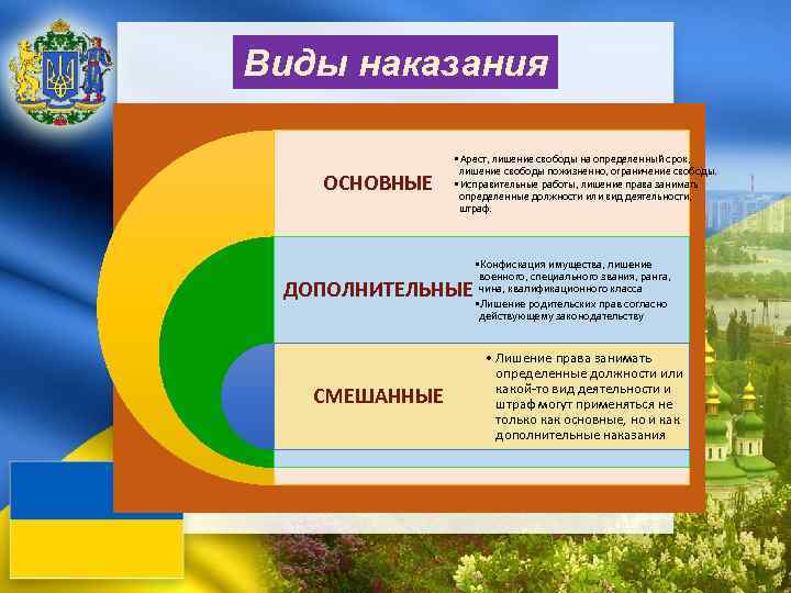 Виды наказания ОСНОВНЫЕ • Арест, лишение свободы на определенный срок, лишение свободы пожизненно, ограничение