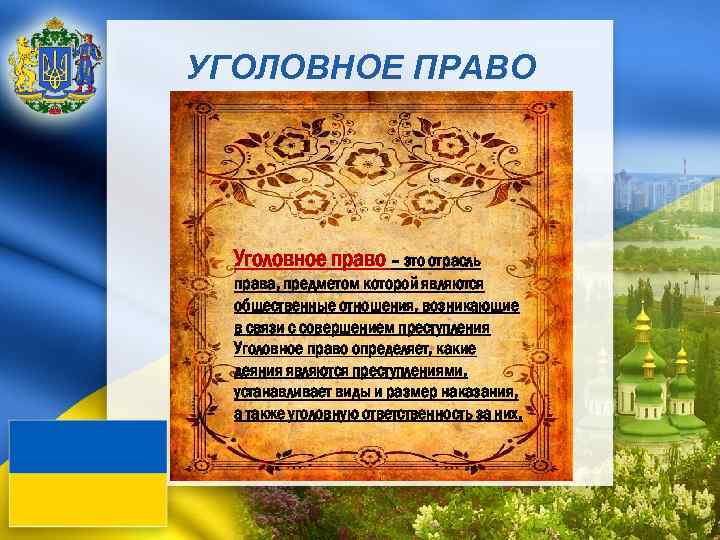 УГОЛОВНОЕ ПРАВО Уголовное право – это отрасль права, предметом которой являются общественные отношения, возникающие