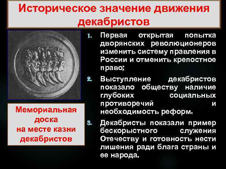 Историческое значение движения декабристов 1. 2. Мемориальная доска на месте казни декабристов 3. Первая