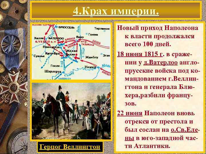 4. Крах империи. Герцог Веллингтон Новый приход Наполеона к власти продолжался всего 100 дней.