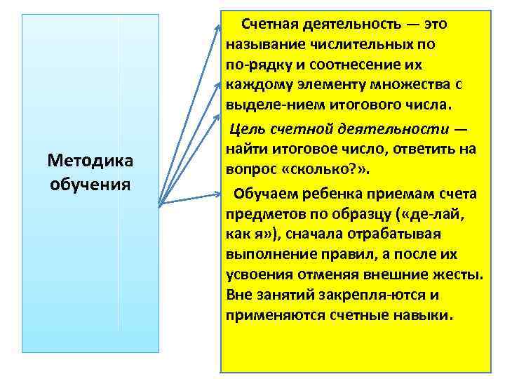 Методика обучения Счетная деятельность — это называние числительных по по рядку и соотнесение их