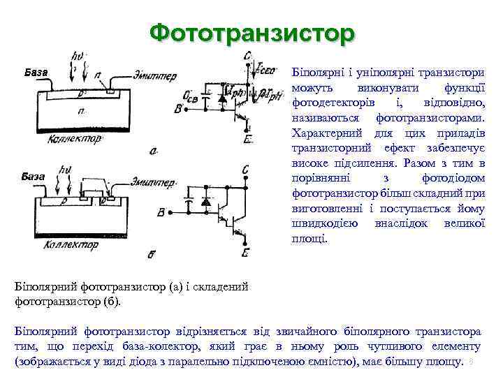 Фототранзистор Біполярні і уніполярні транзистори можуть виконувати функції фотодетекторів і, відповідно, називаються фототранзисторами. Характерний