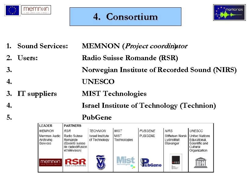 4. Consortium 1. Sound Services: 2. Users: 3. MEMNON (Project coordinator ) 4. 3.