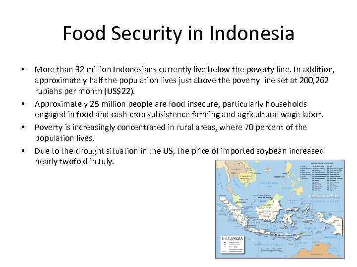 Food Security in Indonesia • • More than 32 million Indonesians currently live below