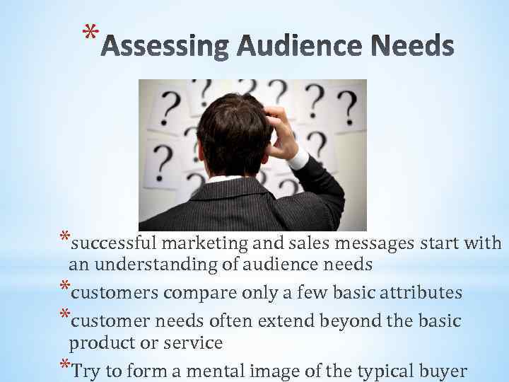 * *successful marketing and sales messages start with an understanding of audience needs *customers