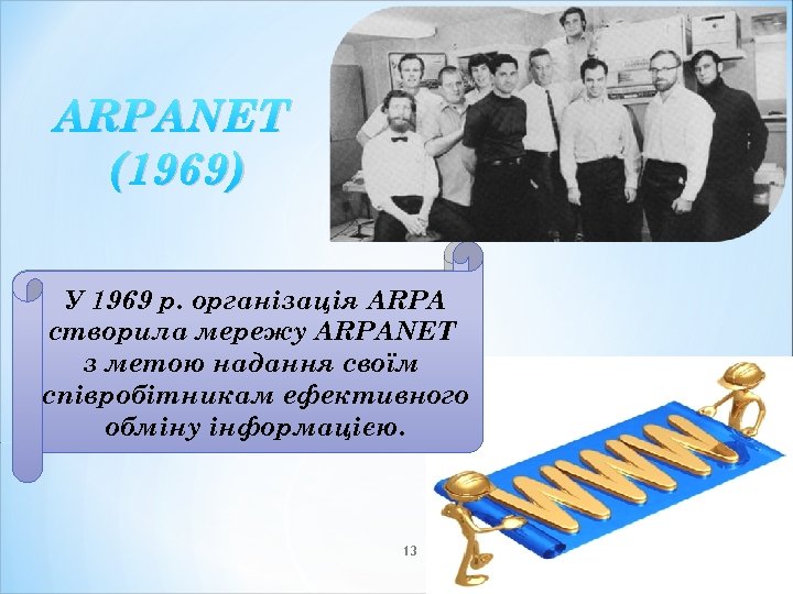 ARPANET (1969) У 1969 р. організація ARPA створила мережу ARPANET з метою надання своїм