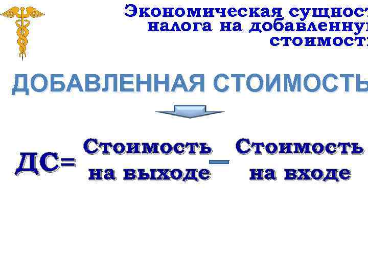 Экономическая сущност налога на добавленную стоимость ДОБАВЛЕННАЯ СТОИМОСТЬ Стоимость ДС= на выходе Стоимость на