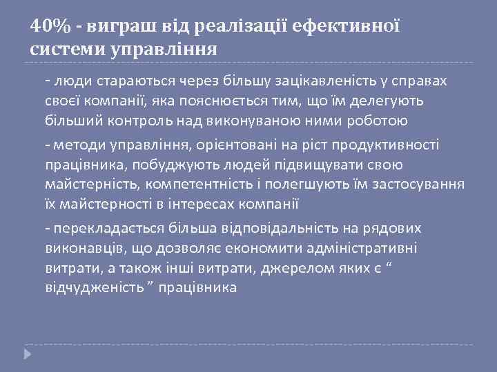 40% - виграш від реалізації ефективної системи управління - люди стараються через більшу зацікавленість