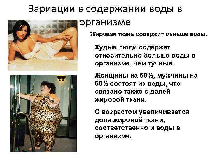Вариации в содержании воды в организме Жировая ткань содержит меньше воды. Худые люди содержат