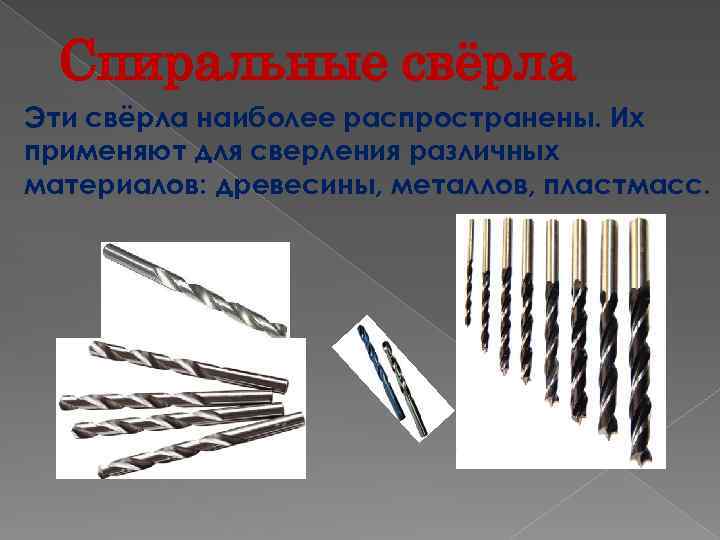 Спиральные свёрла Эти свёрла наиболее распространены. Их применяют для сверления различных материалов: древесины, металлов,