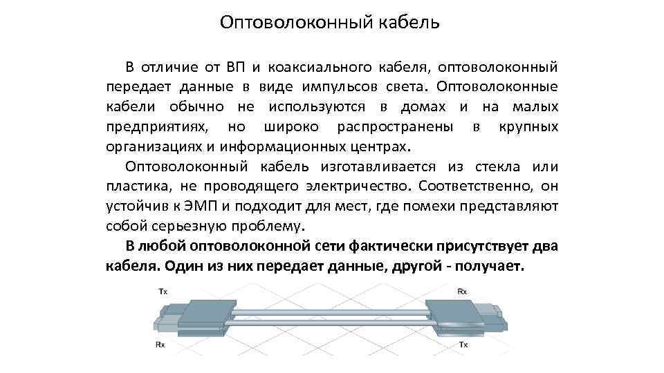 Оптоволоконный кабель В отличие от ВП и коаксиального кабеля, оптоволоконный передает данные в виде