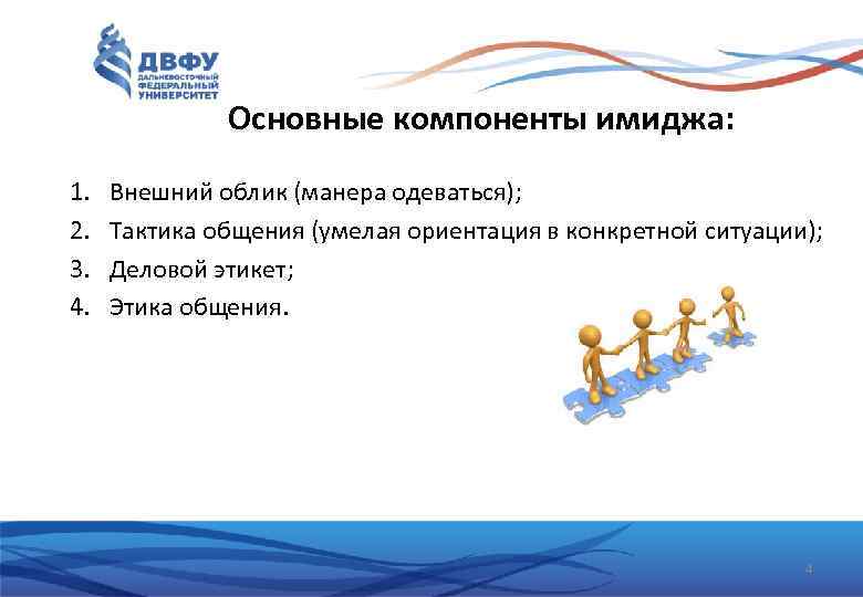 Основные компоненты имиджа: 1. 2. 3. 4. Внешний облик (манера одеваться); Тактика общения (умелая