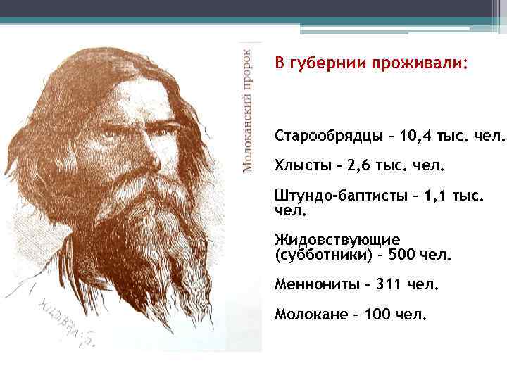 В губернии проживали: Старообрядцы – 10, 4 тыс. чел. Хлысты – 2, 6 тыс.