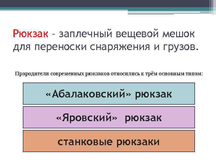 Рюкзак – заплечный вещевой мешок для переноски снаряжения и грузов. Прародители современных рюкзаков относились