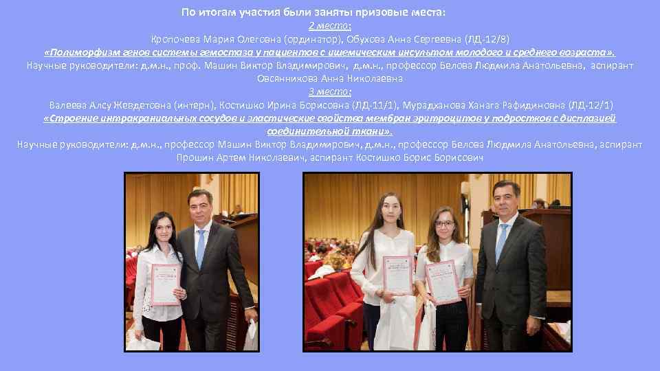 По итогам участия были заняты призовые места: 2 место: Кропочева Мария Олеговна (ординатор), Обухова