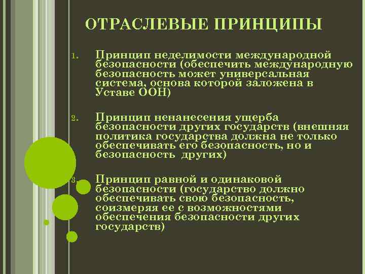 ОТРАСЛЕВЫЕ ПРИНЦИПЫ 1. Принцип неделимости международной безопасности (обеспечить международную безопасность может универсальная система, основа