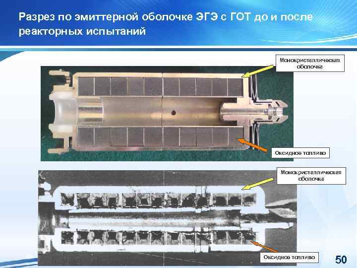 Разрез по эмиттерной оболочке ЭГЭ с ГОТ до и после реакторных испытаний Монокристаллическая оболочка