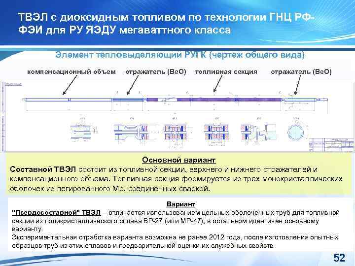 ТВЭЛ с диоксидным топливом по технологии ГНЦ РФФЭИ для РУ ЯЭДУ мегаваттного класса Элемент