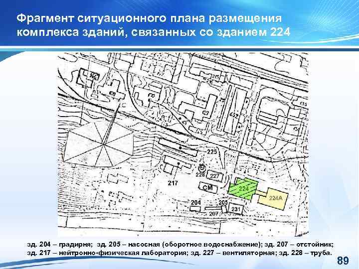 Фрагмент ситуационного плана размещения комплекса зданий, связанных со зданием 224 зд. 204 – градирня;