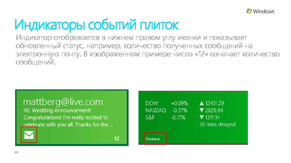 Индикаторы событий плиток Индикатор отображается в нижнем правом углу иконки и показывает обновленный статус,