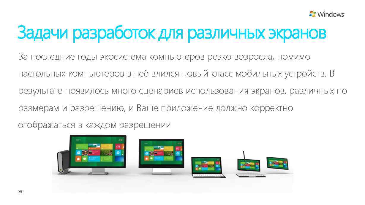 Задачи разработок для различных экранов За последние годы экосистема компьютеров резко возросла, помимо настольных