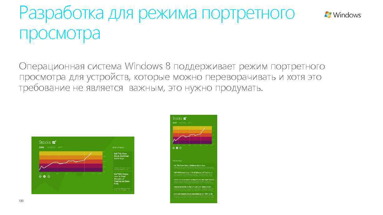 Разработка для режима портретного просмотра Операционная система Windows 8 поддерживает режим портретного просмотра для
