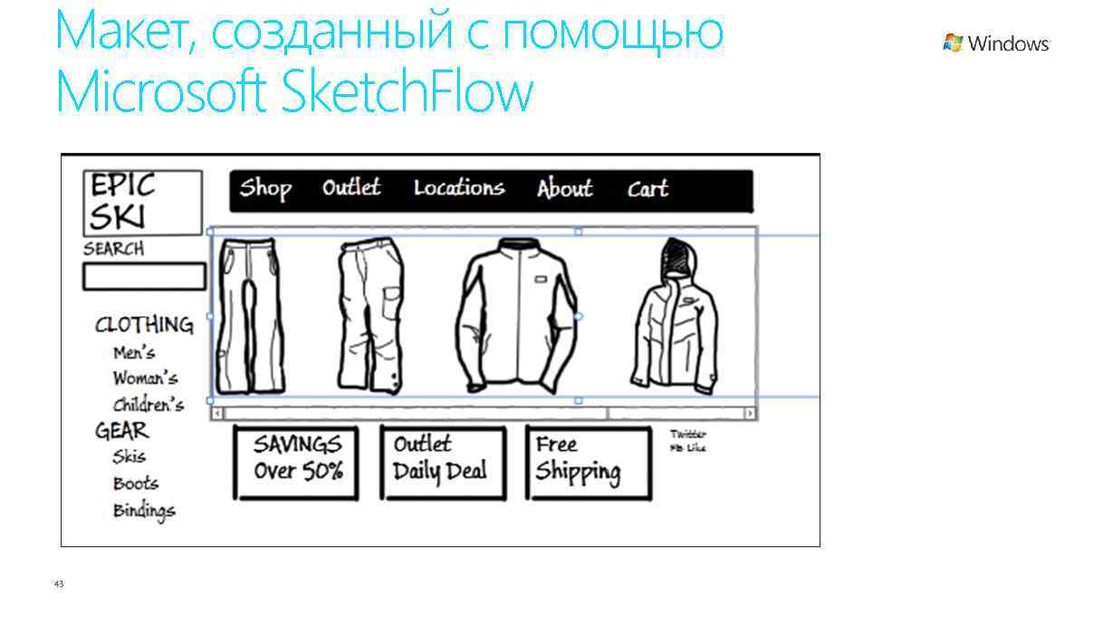 Макет, созданный с помощью Microsoft Sketch. Flow 43 