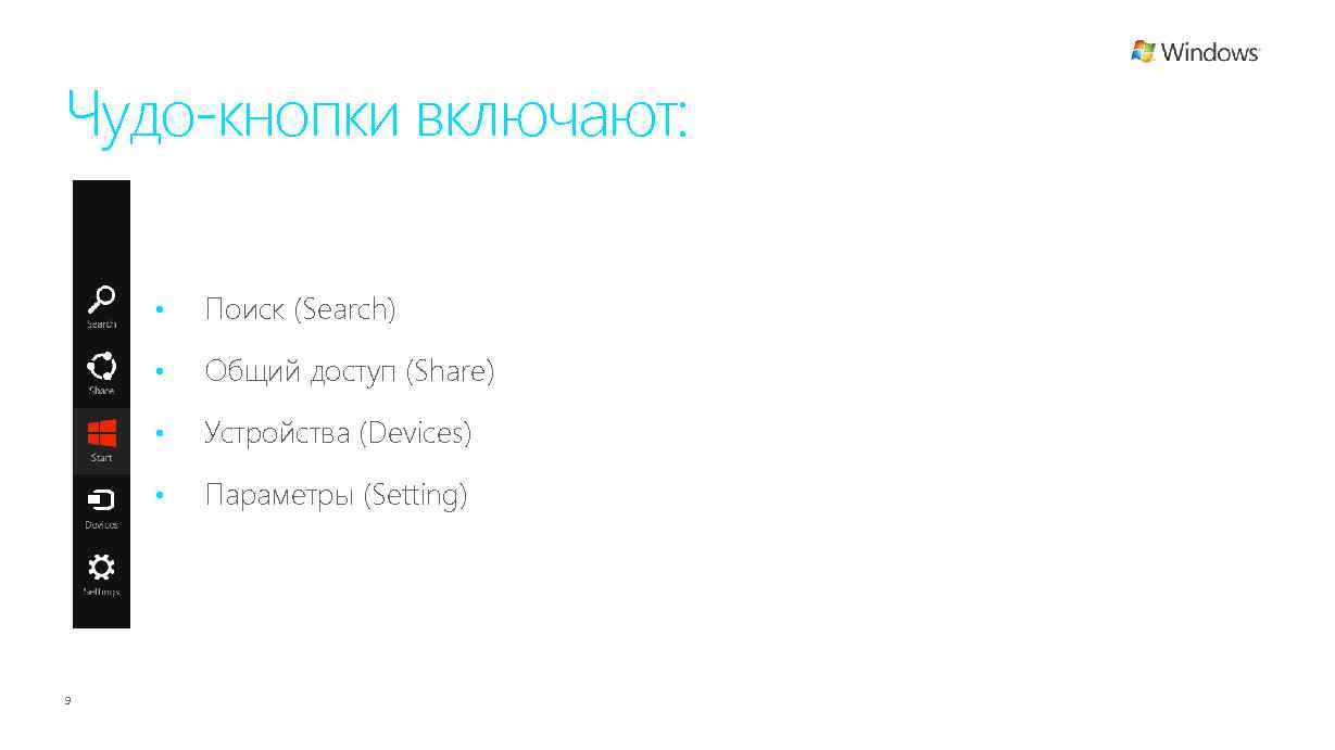 Чудо-кнопки включают: • • Общий доступ (Share) • Устройства (Devices) • 9 Поиск (Search)