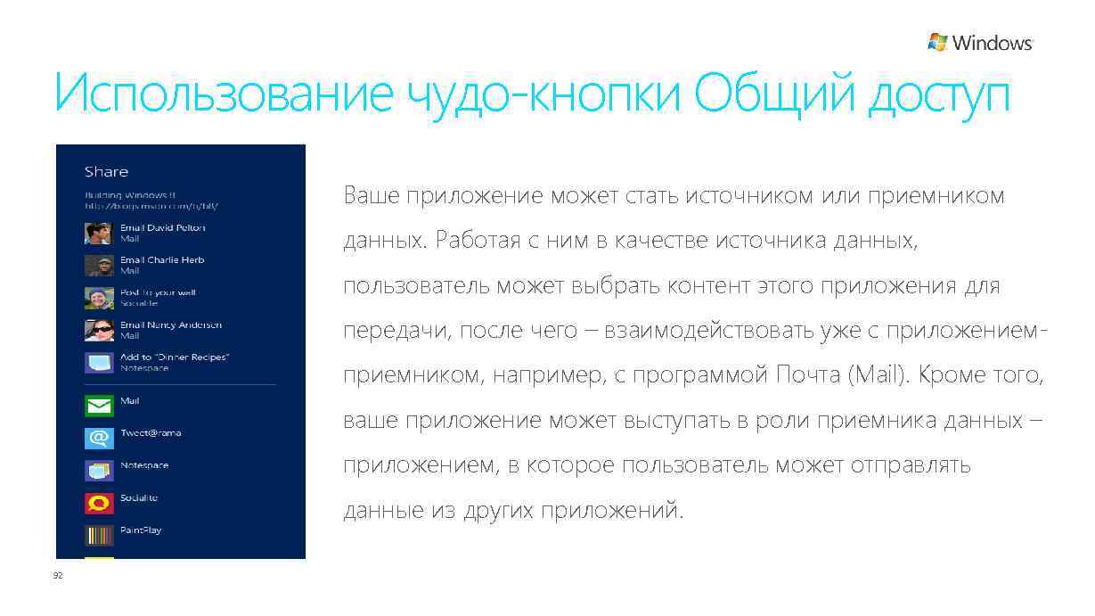 Использование чудо-кнопки Общий доступ Ваше приложение может стать источником или приемником данных. Работая с