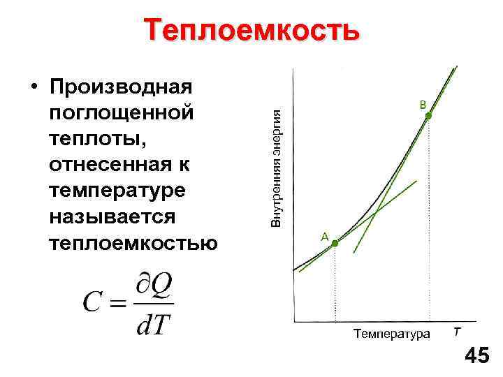  • Производная поглощенной теплоты, отнесенная к температуре называется теплоемкостью Внутренняя энергия Теплоемкость Температура