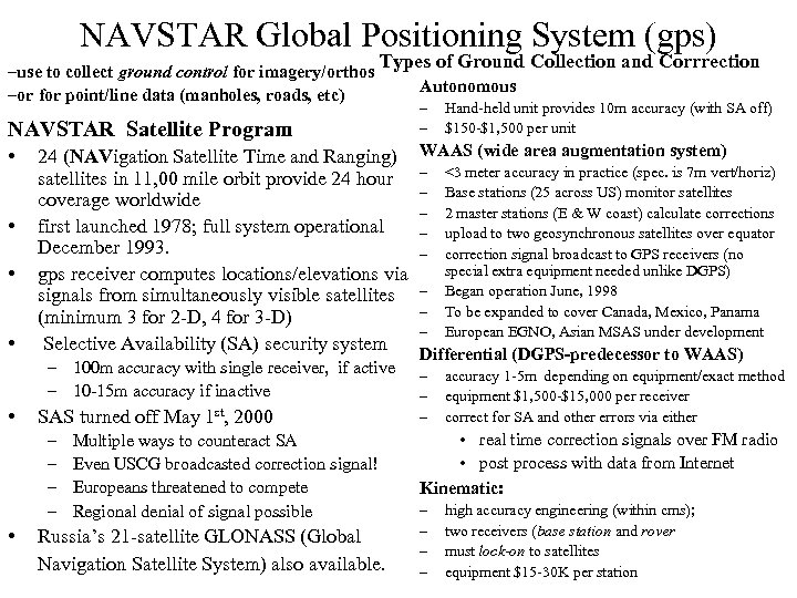NAVSTAR Global Positioning System (gps) –use to collect ground control for imagery/orthos –or for