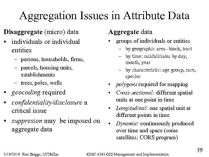 Aggregation Issues in Attribute Data Disaggregate (micro) data • individuals or individual entities Aggregate