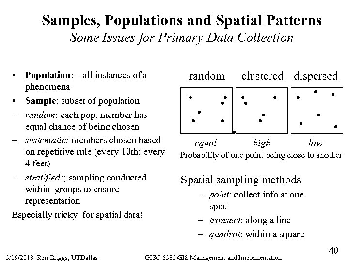 Samples, Populations and Spatial Patterns Some Issues for Primary Data Collection • Population: --all