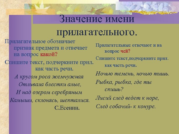 Значение имени прилагательного. Прилагательное обозначает признак предмета и отвечает Прилагательные отвечают и на вопрос