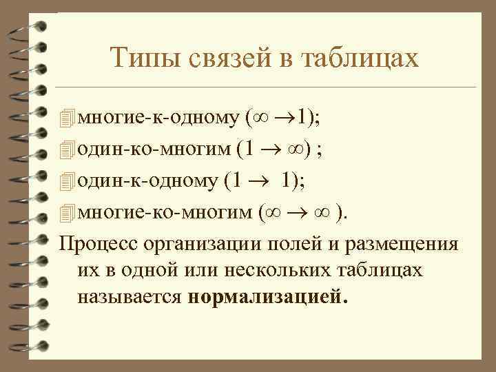 Типы связей в таблицах 4 многие-к-одному ( 1); 4 один-ко-многим (1 ) ; 4