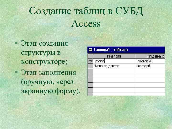 Создание таблиц в СУБД Access § Этап создания структуры в конструкторе; § Этап заполнения