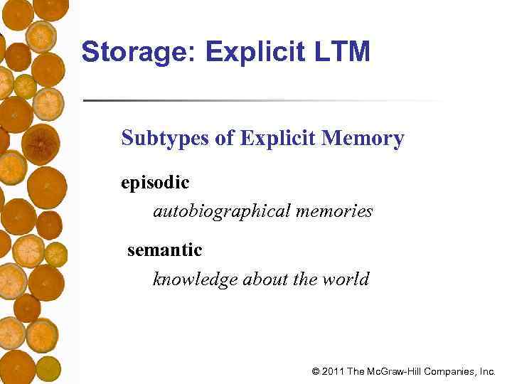 Storage: Explicit LTM Subtypes of Explicit Memory episodic autobiographical memories semantic knowledge about the