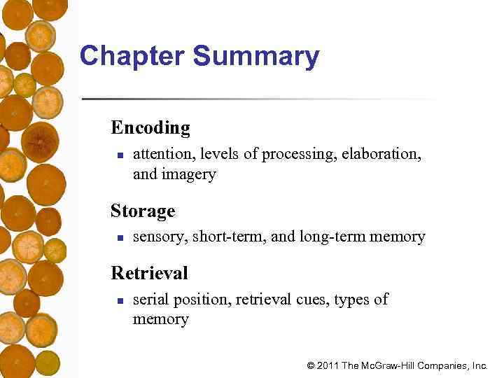 Chapter Summary Encoding n attention, levels of processing, elaboration, and imagery Storage n sensory,