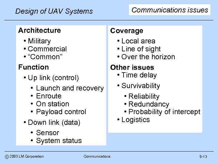 Design of UAV Systems Communications issues Architecture Coverage • Military • Local area •