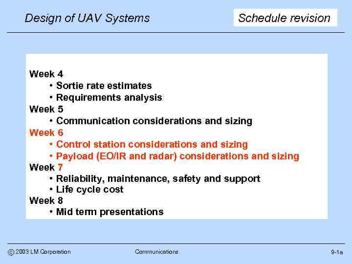 Design of UAV Systems Schedule revision Week 4 • Sortie rate estimates • Requirements