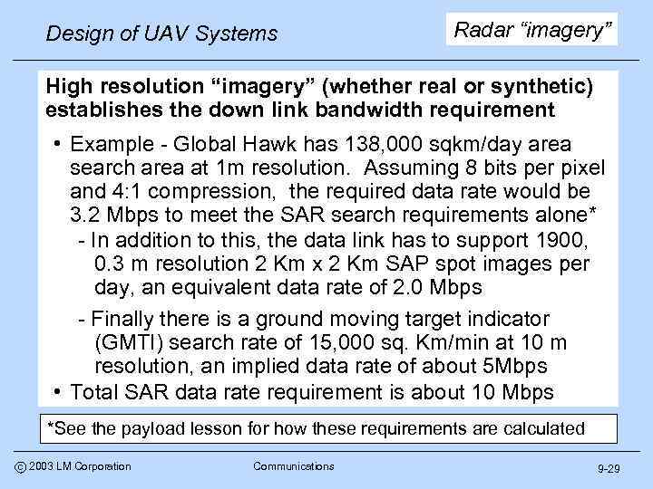 Design of UAV Systems Radar “imagery” High resolution “imagery” (whether real or synthetic) establishes
