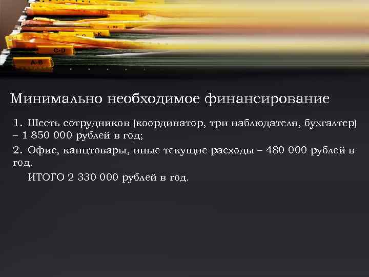 Минимально необходимое финансирование 1. Шесть сотрудников (координатор, три наблюдателя, бухгалтер) – 1 850 000