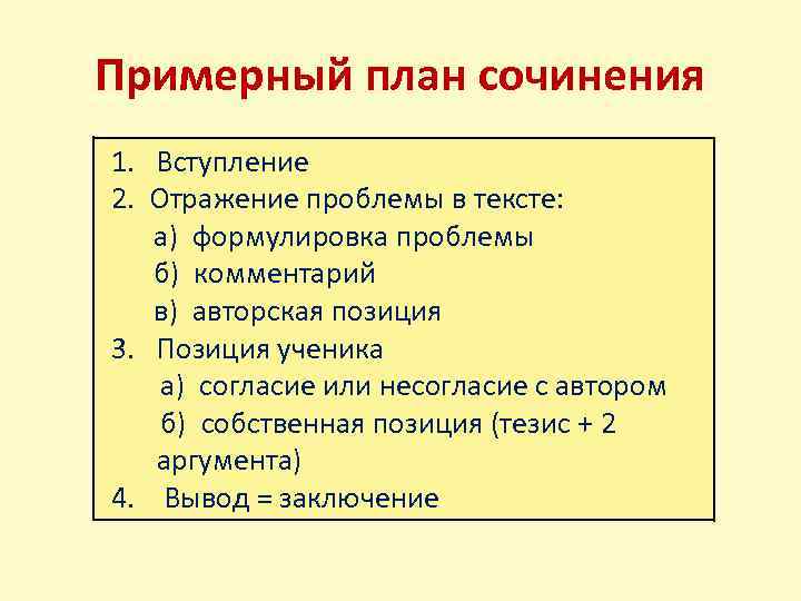 Примерный план сочинения 1. Вступление 2. Отражение проблемы в тексте: а) формулировка проблемы б)