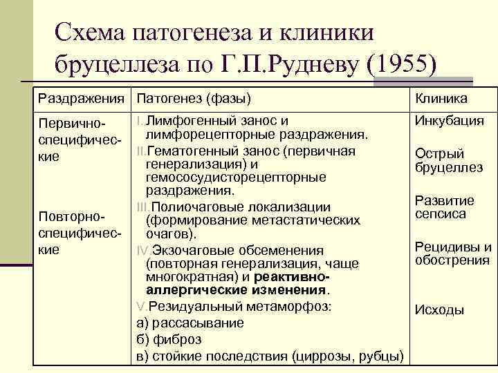 Схема патогенеза и клиники бруцеллеза по Г. П. Рудневу (1955) Раздражения Патогенез (фазы) Первичноспецифические