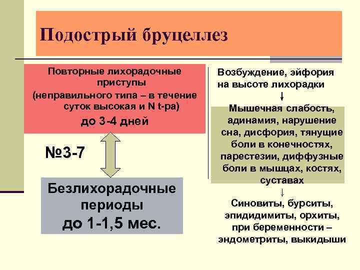 Подострый бруцеллез Повторные лихорадочные приступы (неправильного типа – в течение суток высокая и N