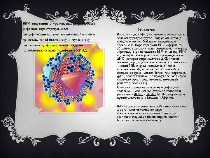 ВИЧ- инфекция- антропонозная ретровирусная инфекция, характеризующаяся специфическим поражением иммунной системы, приводящим к её медленному